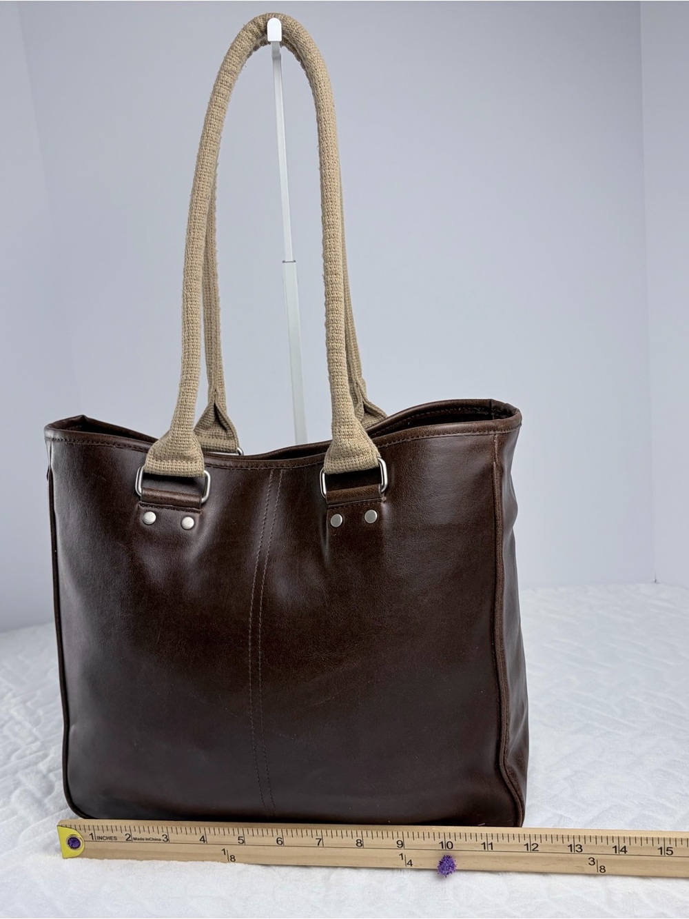 Vintage 90s Esprit chocolate brown shoulder bag tote with woven tan straps - Picture 10 of 11